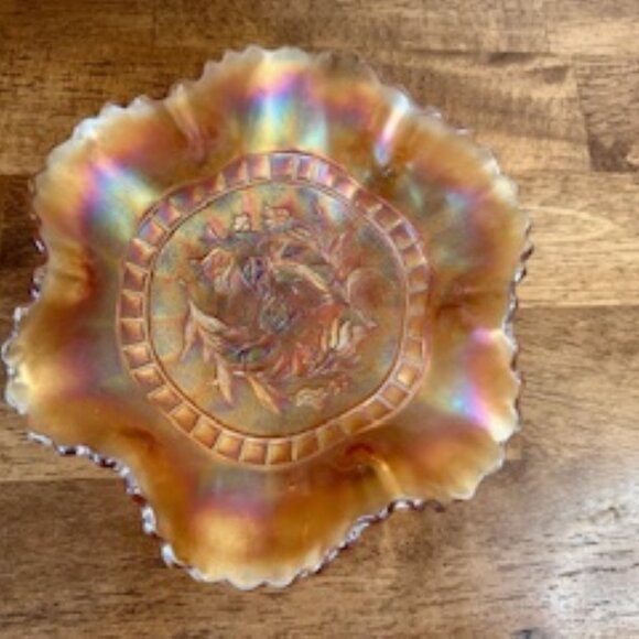 Fenton Marigold Carnival Glass Ruffled Bowl Floral Pattern Iridescent‎ Vintage - Picture 5 of 6